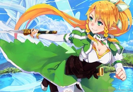 Leafa - anime, water, blue sky, girl, flying, leafa, blonde hair, green eyes, long hair, sweet, big breasts, green, sword art online, wings, cute, sexy