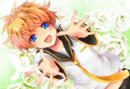 Cute Len!!!! ;) - vocaloid, kagamine len, blonde hair, sweet, short hair, boy, music, smile, cute, hug, blue eyes