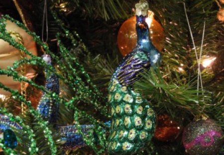 Peacock ornament for Katica (CroZg) - bird, decoration, blue, ornament, feather, tree, christmas, peacock, purple, lights, green, glitter