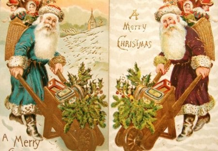 Merry Christmas! - red, christmas, old, santa claus, toy, card, mistletoe, tree, green