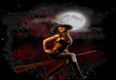 WITCH - witch, moon, female, broom, night, sky