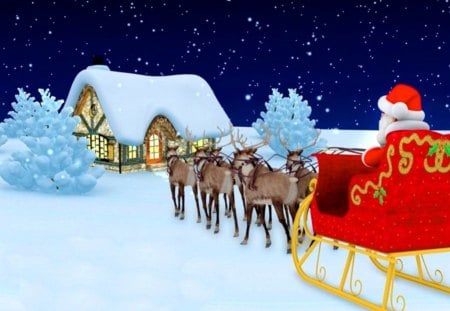 Santa in sleigh - calm, snowflakes, cabin, snow, night, clipart, stars, santa claus, deers, sledge, holiday, pole, red, frost, cottage, sky, sleigh, house, winter, vector, tree, village, christmas, north, frozen, santa, new year, painting, cold, serenity, arrival, peaceful