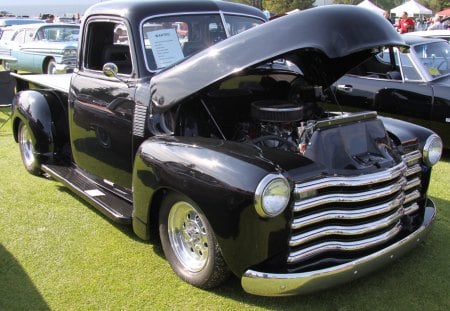 1950 Chevrolet truck - nickel, truck, black, tires, headlights, engine, photography, Chevrolet