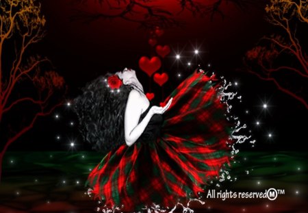 Beautiful Forever  - trees, girl, sparkles, forest, nature, red, green, rose, waters, hearts