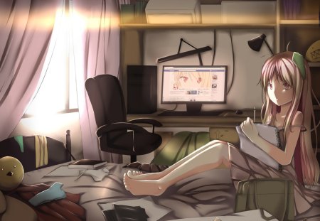 Shiina Mashiro - headphone, anime, yellow, chat, long hair, music, big breasts, bed, blond, abstract, yellow eyes, facebook, girl, blonde hair, love, sweet, shiina mashiro, pc, rest, sakurasou no pet na kanojo, manga, smile, cute, sexy