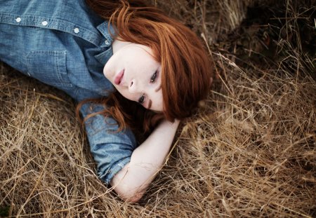 Lying on a field of grass - female, of, on, girl, lying, grass, a, texas, shirt, redhead, nature, model, cute, field