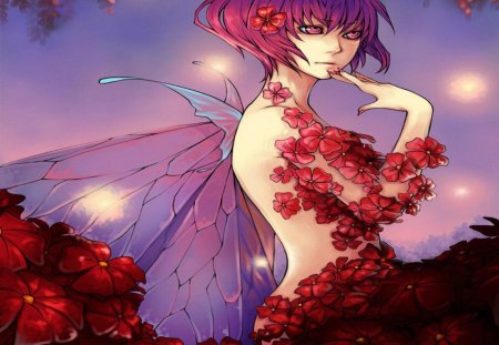 Fairy - flowers, red, girl, orginal, fairy, night, art