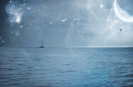 Moonlight over the Sea - moonlight, sea, blue, boat