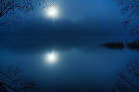 Blue Night - moon, night, reflection, blue