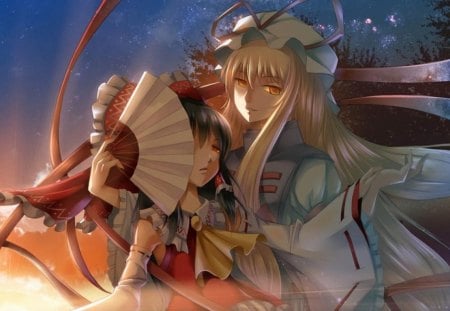 hakurei reimu and yakumo yukari - girls, manga, anime, touhou, late afternoon