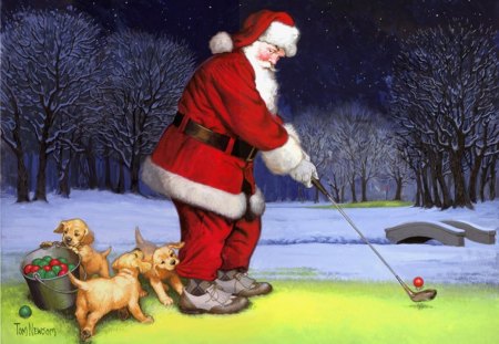 By Tom Newsom - pretty, xmas and new year, winter holidays, tom newsom, christmas, art, santa claus, holiday, golf, playing, puppies, santa, paintings, snow, new year, dog