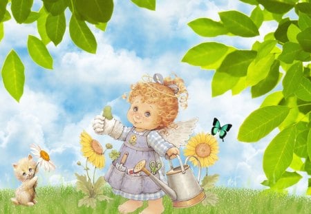 Summer angel - garden, flower, cute, angel, grass