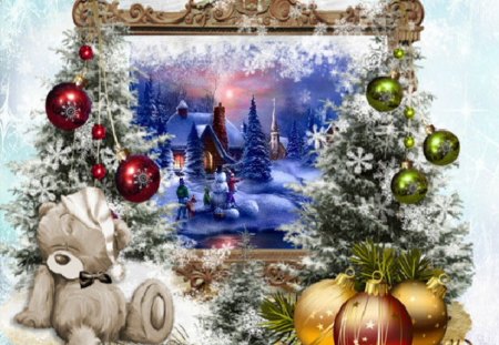 Beautiful christmas - grafik, windows, pretty, winter, splendor, colors, teddy, christmas