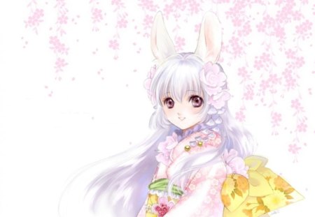 bunny chan - animal ear, female, usagi, anime girl, bunny, white, cherry blossom, rabbit, petals, anime, sakura blossom, kimono, cute, girl, long hair, sakura, yukata, sweet, cosplay, flower