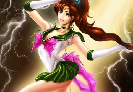 Sailor Jupiter - abstract, anime, anime girl, female, hot, girl, thunder, long hair, sailor moon, pony tail, magical girl, cute, sailor jupiter, sexy, lighting