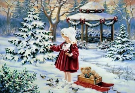 Christmas - pretty, fun, forest, walk, alleys, joy, gazebo, frost, teddy bear, merry christmas, nice, sleigh, decoration, beautiful, snowy, girl, lovely, sweet, toy, tree, christmas, ice, frozen, christmas tree, new year, snowing, painting, cold, cute, park