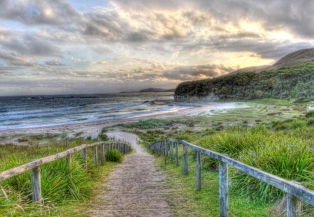 walkway to a beach in sydney australia hdr - rails, clouds, beach, walkway, sea, hdr