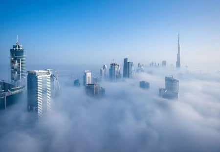 wondrous skyline of dubai in fog - city, skyscrapers, sky, fog