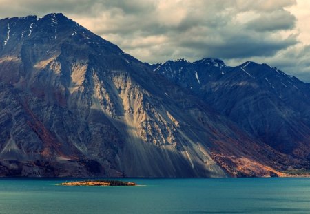 Mountain - clouds, shore line, snow, sea, ocean, mountain, shore, cliffs, lake, mountains