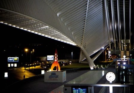 Guillemins Station - guillemins, arrival, calatrava, platform, stairs, architecture, departure, light, rocket, clock, bay, night, belgium, train, liege, station, rail, tintin, herge