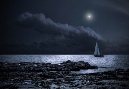 MoonLight - boat, moon, monlight, night, blue