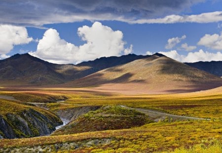 ogilvie mountains tombstone np canada - road, clouds, gulch, mountains