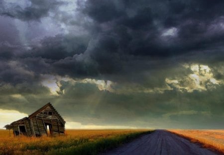 awesome stormy wallpaper - storm clouds, fields, barn, road, abandoned