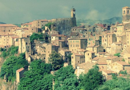 sorano hill town grosseto tuscany - hill, trees, ancient, town, fog