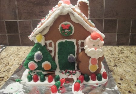 gingerbread house with green tree - white, candy, gingerbread, brown, red, photography, green, tree