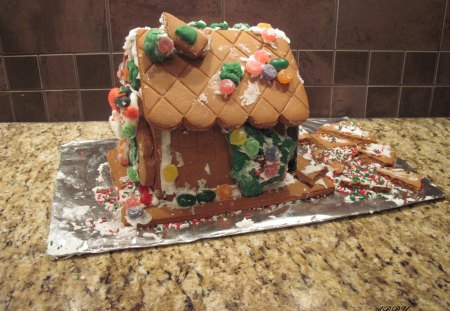 gingerbread house with brown roof - candy, brown, yellow, photography, green