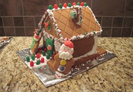 gingerbread house with a chimney - gingerbread, white, red, green, photography, brown, candy