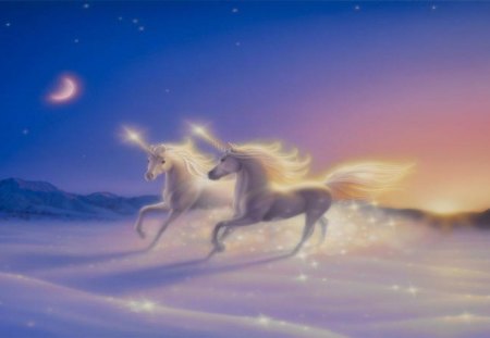 Flying in the dawn - horse, wallpaper, winter, abstract, hd, unicorn, art, fantasy, magic, moon, sunrise, dawn, snow