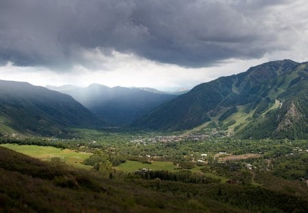 village between mountains - village, clouds, between, mountains