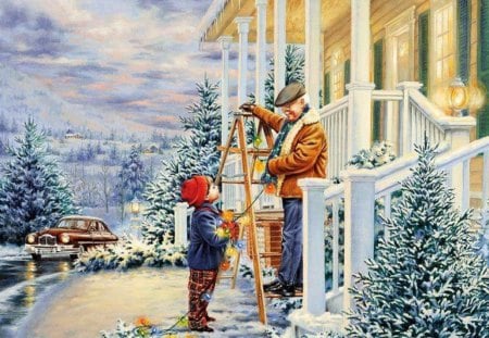 By Dona Gelsinger - spirits, wide screen, street, peaceful, illustration, painting, view, art, car, dona gelsinger, artwork, little boy, holiday, house, grandfather, tree, grandpa, winter, work, occasion, lovely, christmas, december, snow, beautiful, boy, scenery, eve