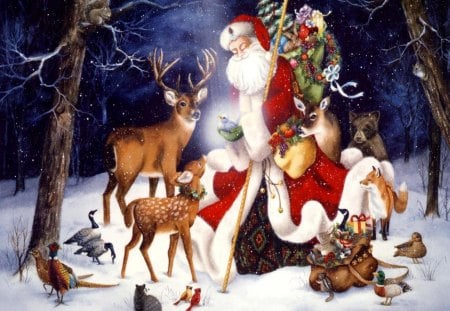 Santa And Friends - santa, deer, staff, toys, pack, animals