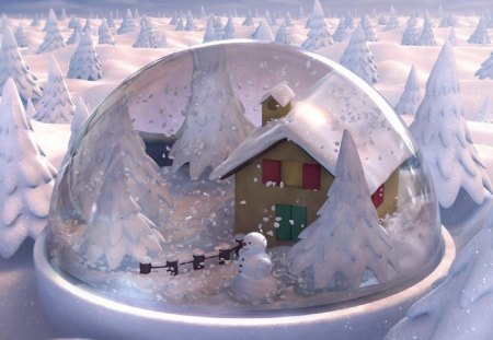 Snowman SnowGlobe - snowman, trees, snow, globe, cabin