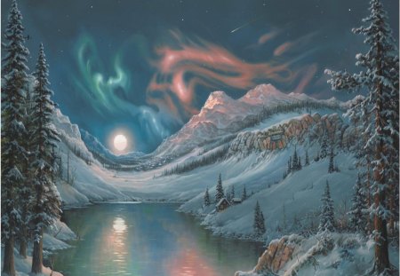 Winter Wonder Land - cabin, aurora borealis, snow, shooting star, lake, mountains