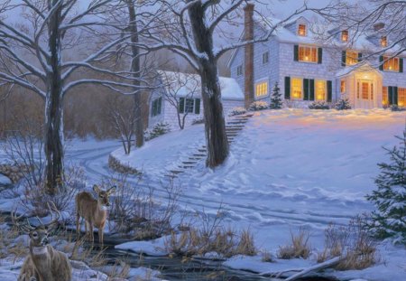 A Winter Njght - nice, trees, peaceful, stream, painting, ebautiful, view, quiet, pretty, evening, river, house, tree, dusk, snowy, landscape, winter, night, deer, lovely, serenity, nature, forest, snow, twilight, splendor, lights