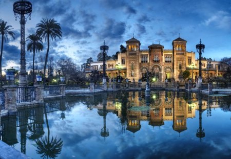 Reflection - reflection, palmiers, blue, castle