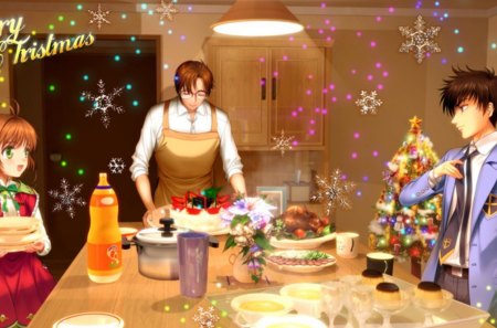 Kinomoto X'mas - anime, female, snowflakes, food, family, boy, male, short hair, holiday, apron, kinomoto sakura, vase, anime girl, sakura, bottle, kinomoto fujitaka, girl, table, brown hair, sweet, flower, christmas, school uniform, plate, christmas tree, cardcaptor sakura, black hair, pudding, cute, kinomoto touya