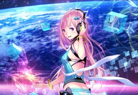 cosmic echo - headphone, anime, anime girl, female, hot, girl, light, long hair, space, cube, fantasy, cute, pink hair, sexy