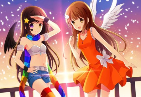 Good n Evil - female, hot, angel, wings, anime girl, fantasy, petals, anime, cute, sexy, rainbow, girl, light, long hair, devil, star, wing, dress