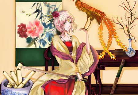 Oriental Sakura - bird, anime, female, phoenix, peony, naruto, weapon, anime girl, sakura, hot, girl, chinese, sword, flower, blade, oreintal, scroll, painting, cute, sexy, feather fantasy, sakura haruno