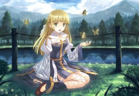 Arch Bishop - hot, wings, video game, bride, anime girl, field, view, game, blonde hair, river, ragnarok, grass, ragnarok online, sexy, scenic, mountain, long hair, nature, butterfly, dress, sky, female, water, cloud, anime, plant, tree, cute, scene, hill, girl, online game, wing, scenery, blonde, flower