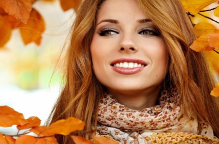 Sourire - automne, rousse, foulard, sourire