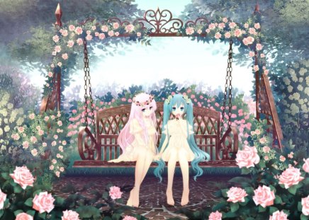 vocaloid garden - flower, miku, rose, cute, blossom, vocaloids, hot, anime girl, girl, pink hair, luka, singer, green hair, super star, megurine luka, beauty, sweet, vocaloid, anime, dress, diva, garden, long hair, sexy, aqua hair, swing, female, hatsune miku