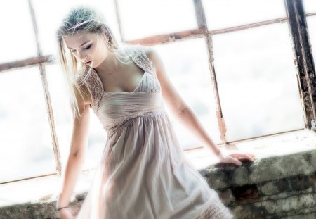 Bright Girl - beautiful, windows, dress, girl, blonde