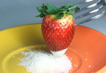 Strawberry In Sugar - fruit, fork, strawberry, sugar