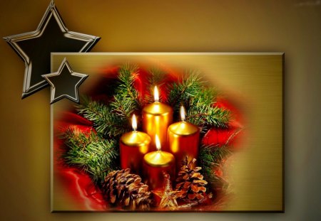 Christmas decoration - nice, new year, candles, colorful, flame, balls, pretty, mood, holiday, golden, ornaments, cone, stars, lovely, christmas, merry christmas, beautiful, decoration