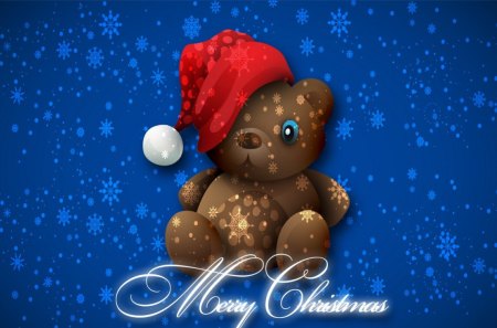 Merry Christmas - hat, winter, snowflakes, snow, toy, sweet, christmas, bear, santa, holiday, new year, teddy, cute, adorable, background, merry christmas